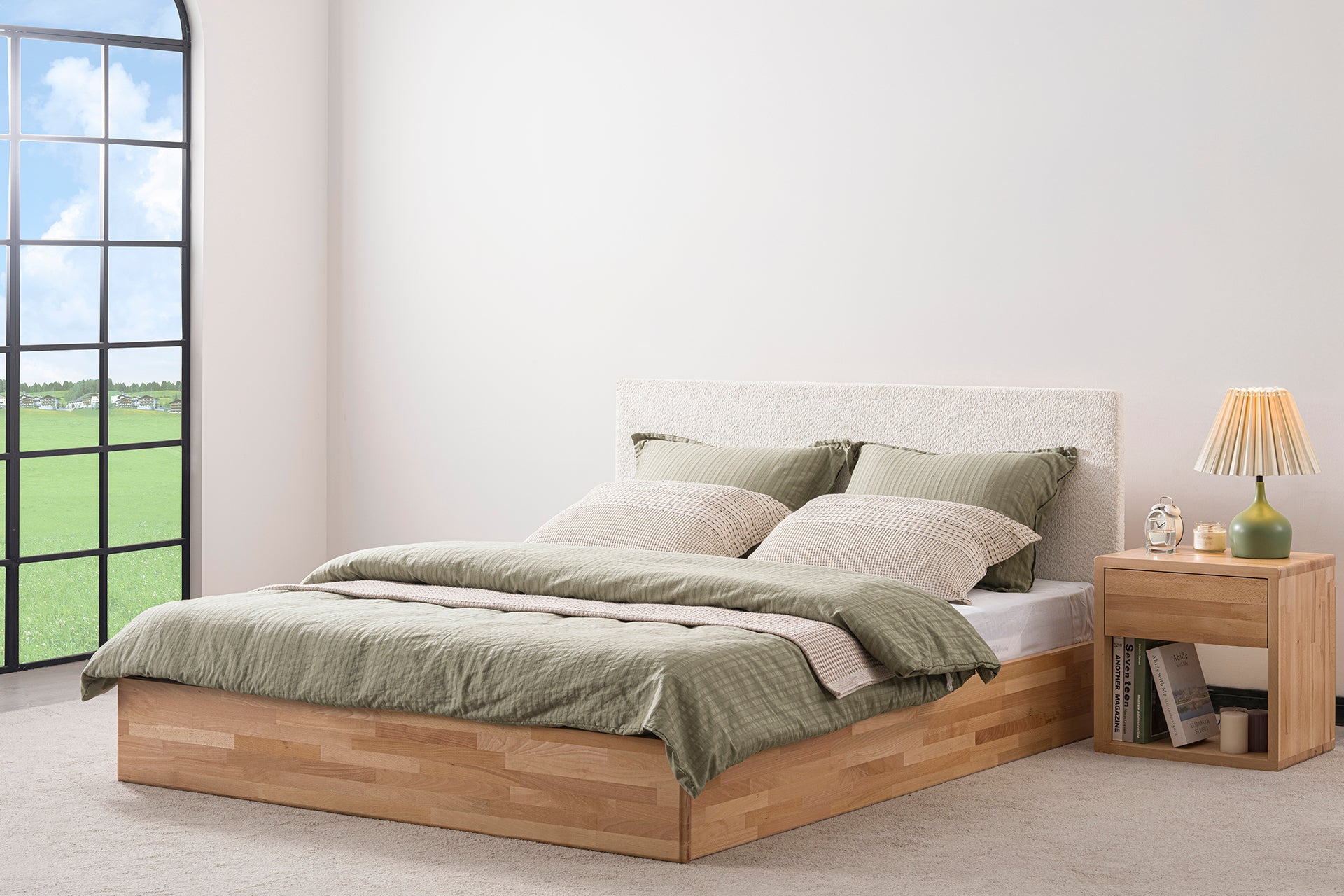 Eldr Kumaş Başlıklı Masif Ahşap Karyola, Natural