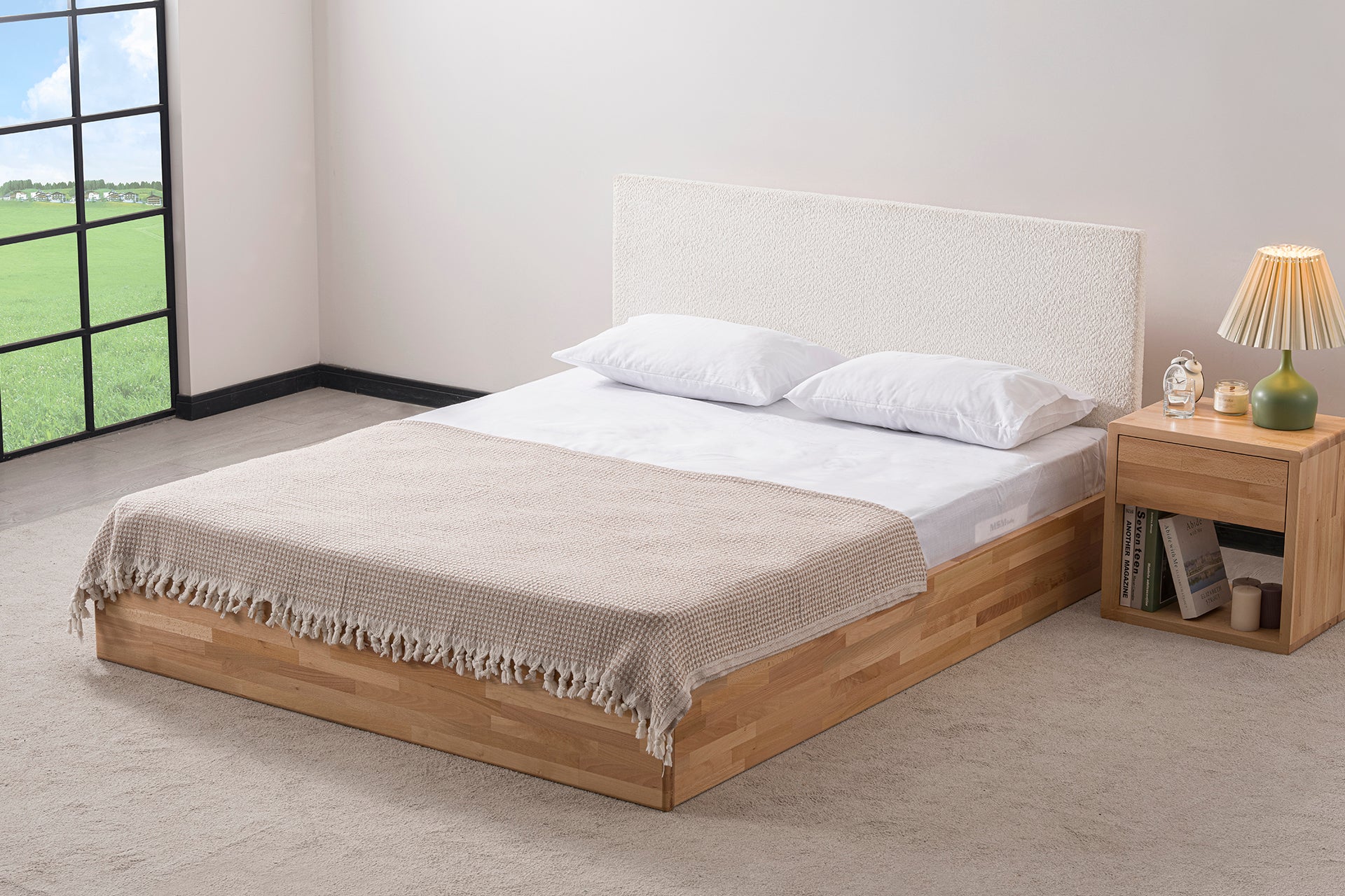 Eldr Kumaş Başlıklı Masif Ahşap Karyola, Natural